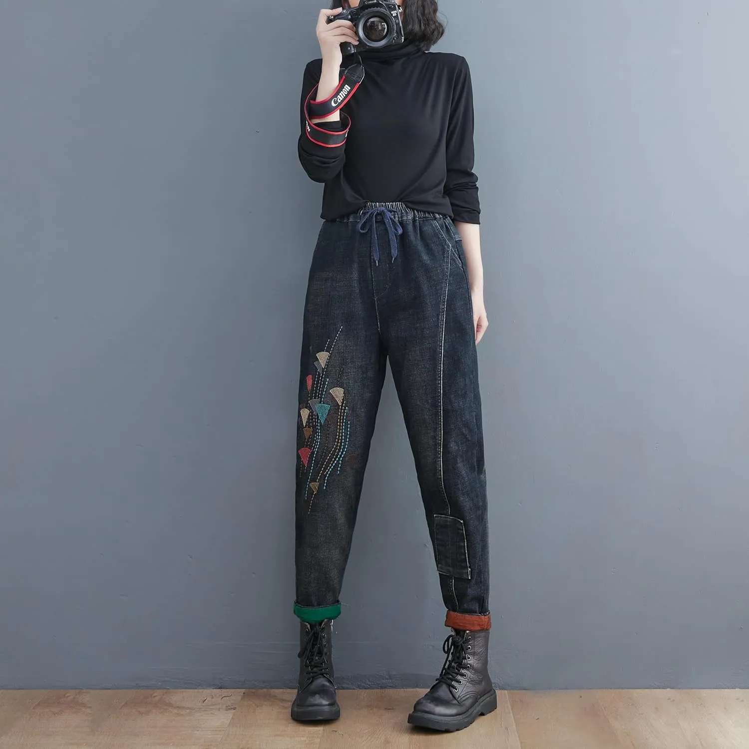 LAI MENG FIVE CATS Women Loose Jeans Denim Harem Pants with Elastic Waist with Pocket