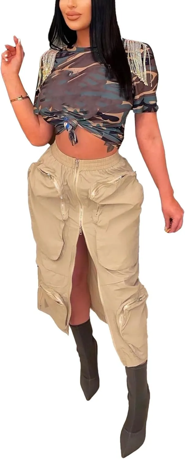 LAJIOJIO Cargo Skirts High Waisted Skirts for Women Front Split Slim Fit Casual Maxi Skirt Streetwear