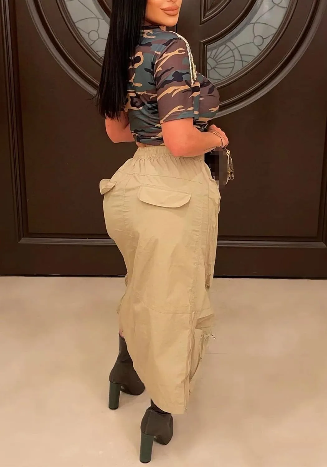 LAJIOJIO Cargo Skirts High Waisted Skirts for Women Front Split Slim Fit Casual Maxi Skirt Streetwear