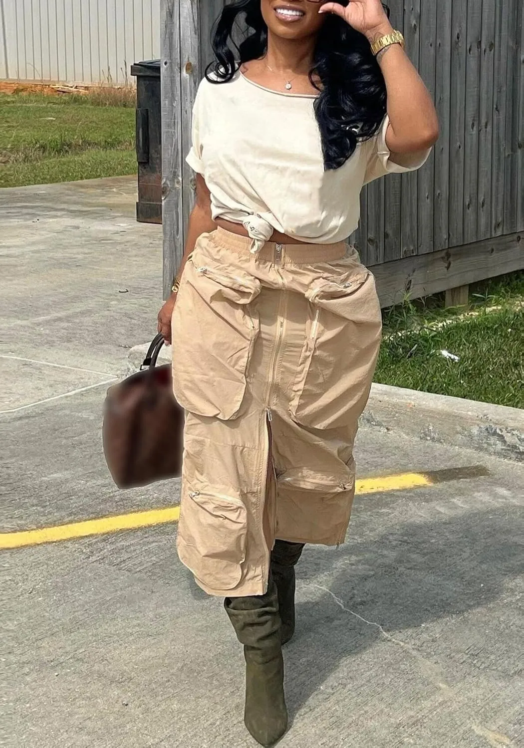 LAJIOJIO Cargo Skirts High Waisted Skirts for Women Front Split Slim Fit Casual Maxi Skirt Streetwear