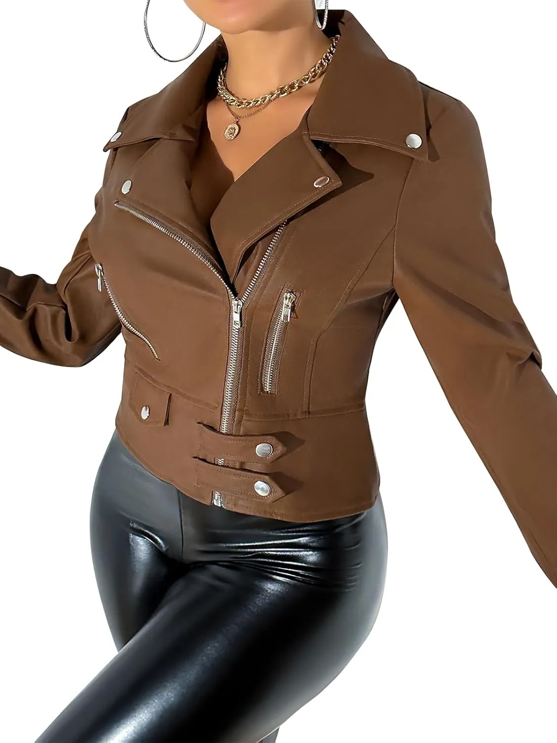 Leather Jacket Women Moto Biker Zip Up Jacket Open Front Coat Outwear