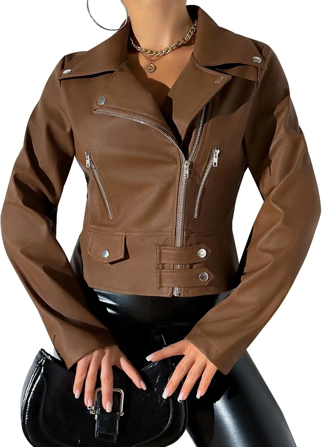 Leather Jacket Women Moto Biker Zip Up Jacket Open Front Coat Outwear