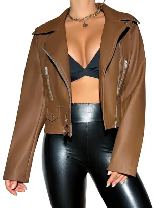 Leather Jacket Women Moto Biker Zip Up Jacket Open Front Coat Outwear