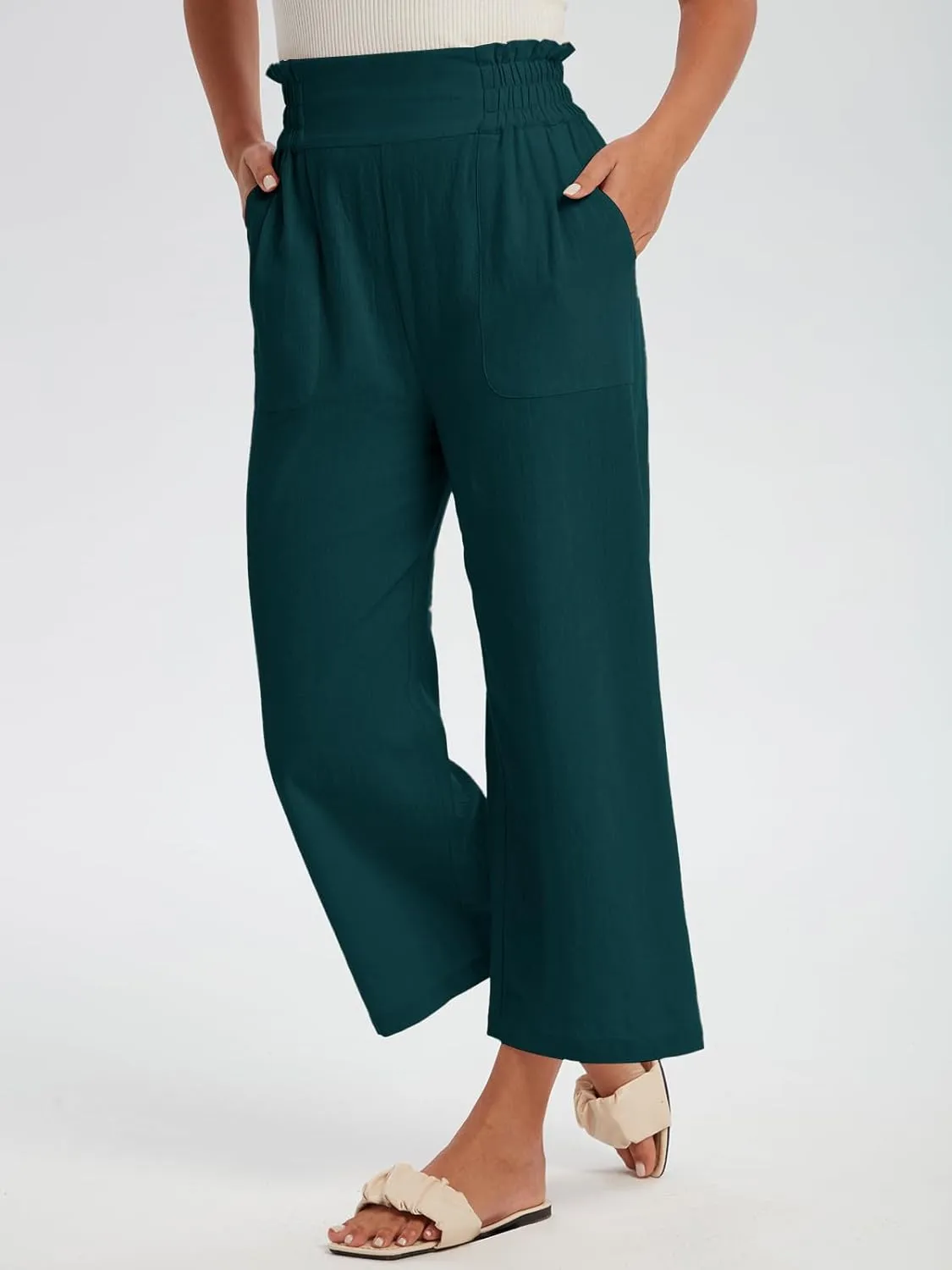 Les umes Womens Cropped Cotton Pants Elastic Waist Wide Leg Capris Casual Summer Trousers with Pockets