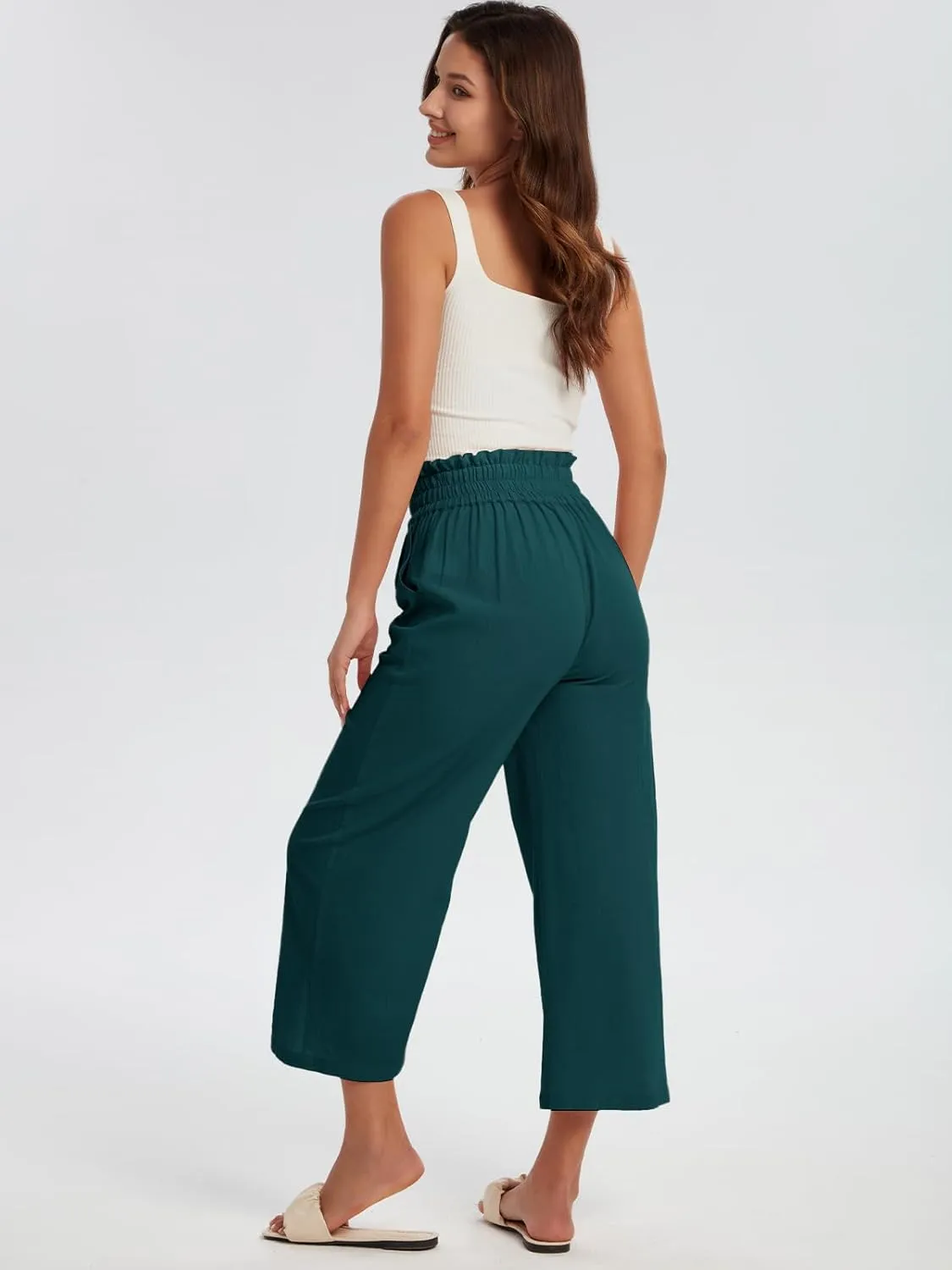 Les umes Womens Cropped Cotton Pants Elastic Waist Wide Leg Capris Casual Summer Trousers with Pockets