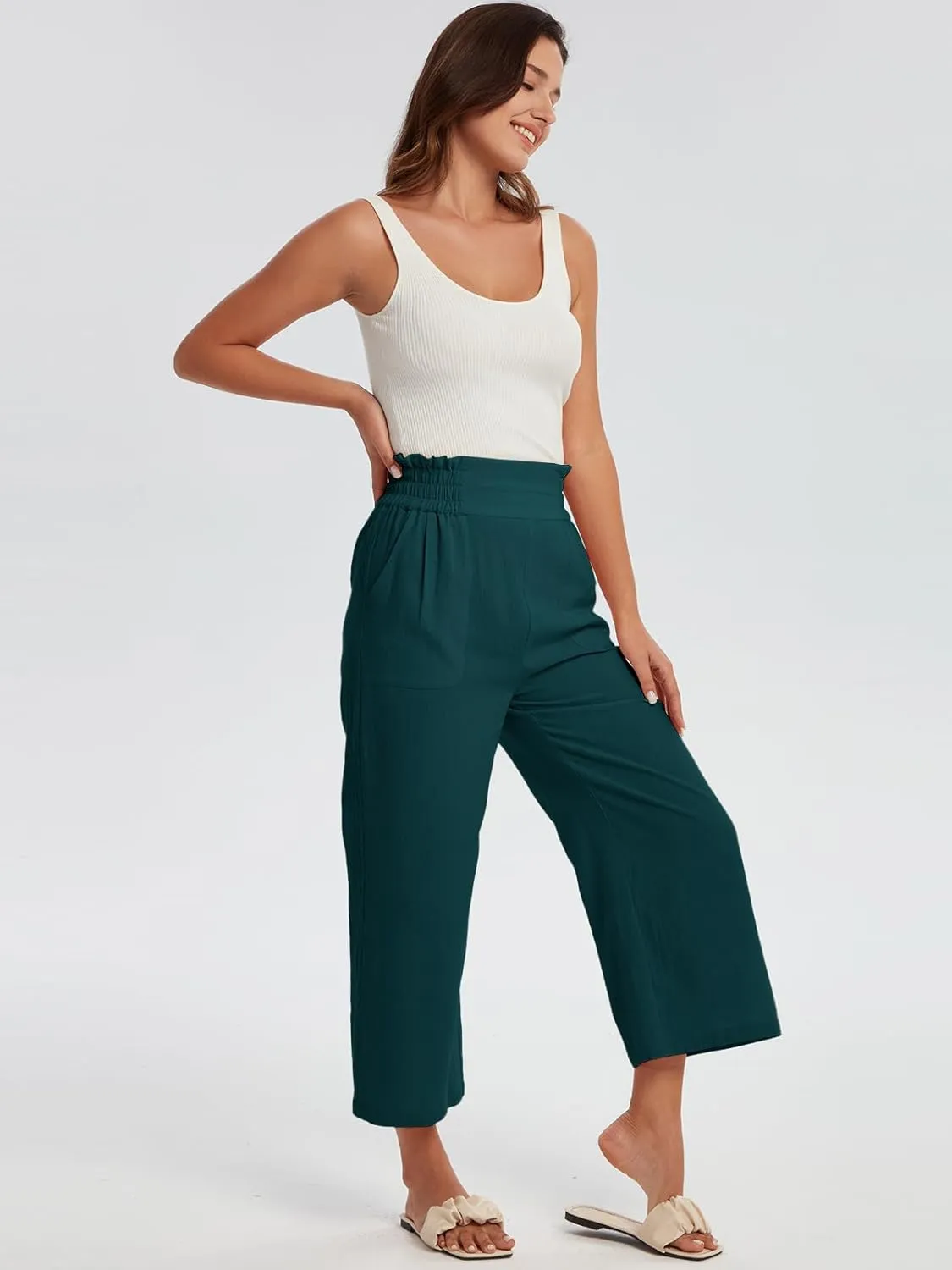 Les umes Womens Cropped Cotton Pants Elastic Waist Wide Leg Capris Casual Summer Trousers with Pockets