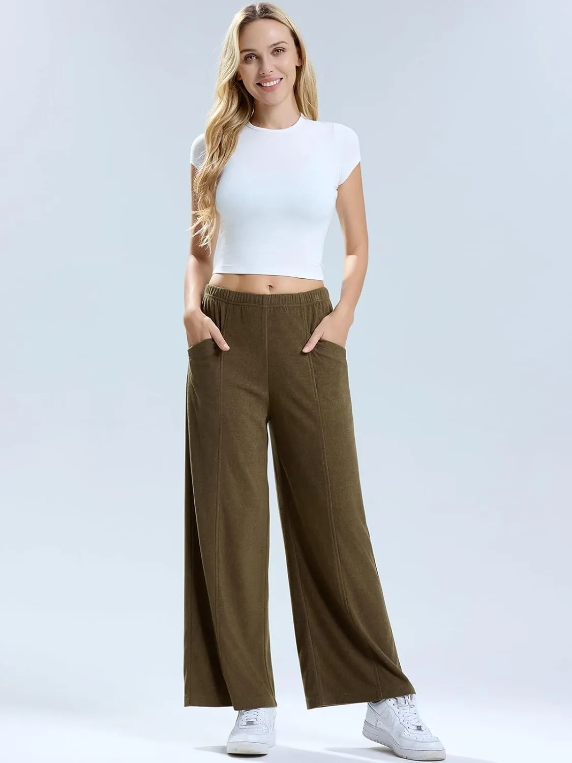 Les umes Womens Wide Leg Pants Elastic Waist Casual Slacks Trousers Loose Long Palazzo Pants with Pockets