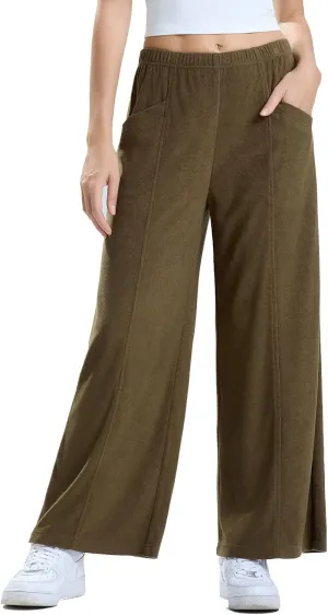 Les umes Womens Wide Leg Pants Elastic Waist Casual Slacks Trousers Loose Long Palazzo Pants with Pockets