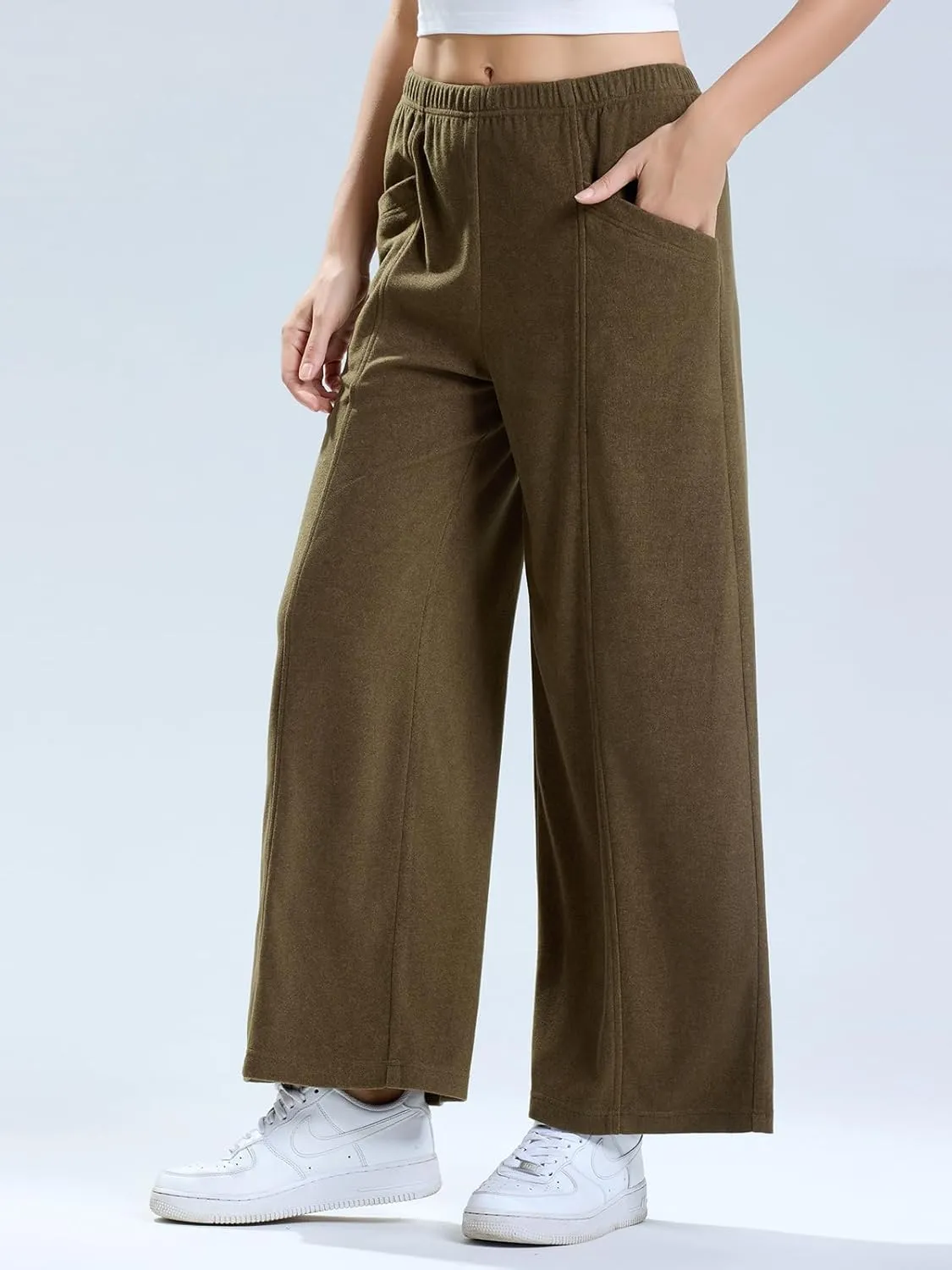 Les umes Womens Wide Leg Pants Elastic Waist Casual Slacks Trousers Loose Long Palazzo Pants with Pockets