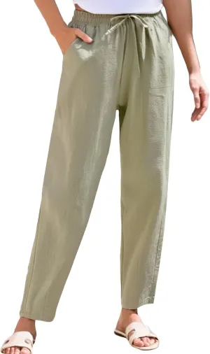 Linen Cropped Pants Women Straight Leg Elastic Waist Drawstring Casual Pants with Pockets 2025 Summer Beach Outfits