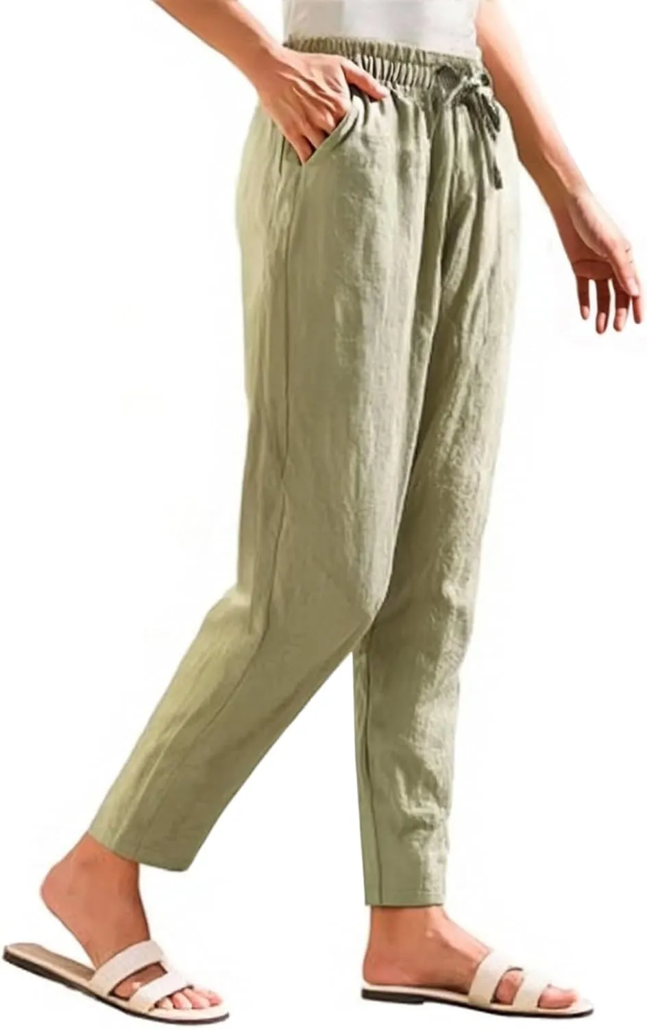 Linen Cropped Pants Women Straight Leg Elastic Waist Drawstring Casual Pants with Pockets 2025 Summer Beach Outfits