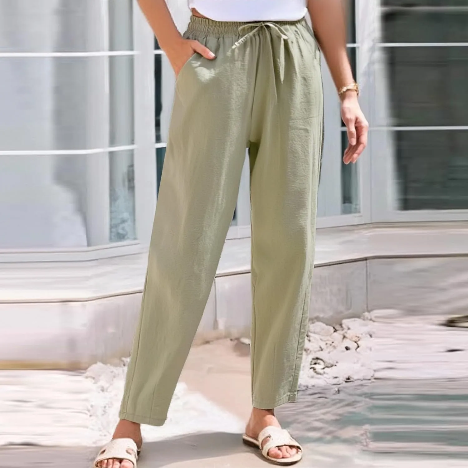 Linen Cropped Pants Women Straight Leg Elastic Waist Drawstring Casual Pants with Pockets 2025 Summer Beach Outfits