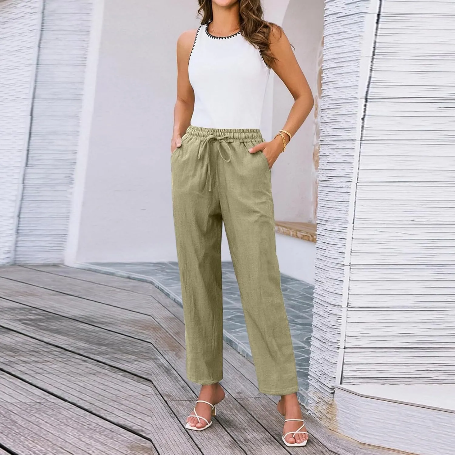 Linen Cropped Pants Women Straight Leg Elastic Waist Drawstring Casual Pants with Pockets 2025 Summer Beach Outfits