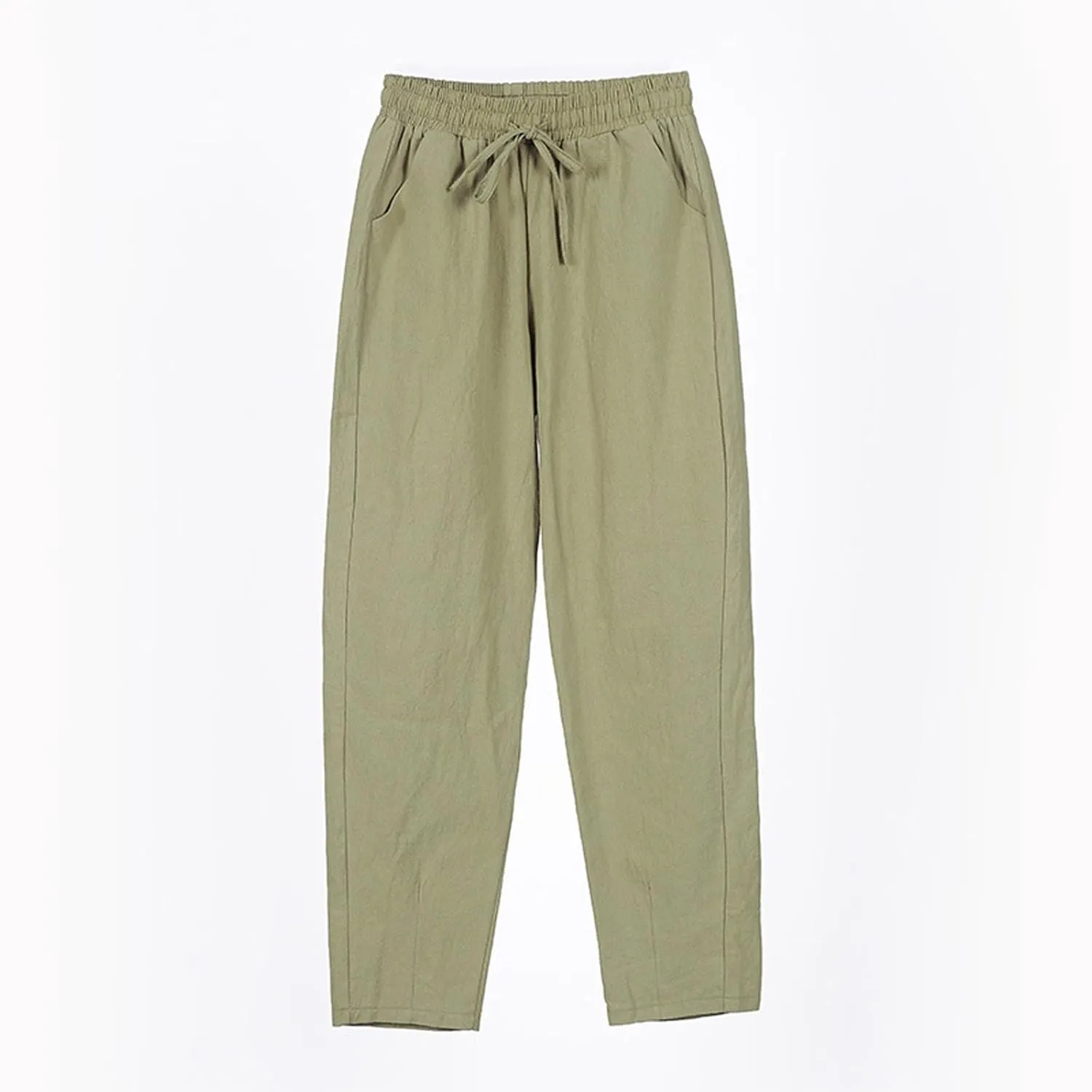 Linen Cropped Pants Women Straight Leg Elastic Waist Drawstring Casual Pants with Pockets 2025 Summer Beach Outfits