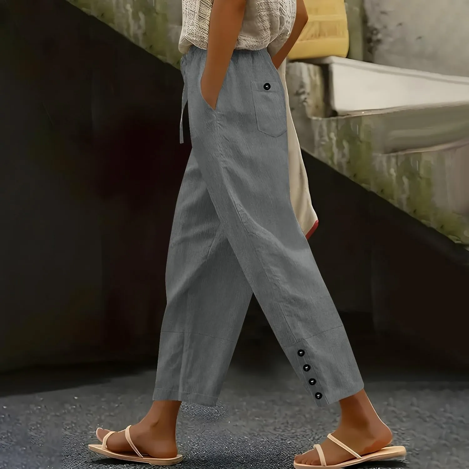 Linen Pants 2025 Women Summer Casual Wide Leg Pants Solid Color Drawstring Elastic Waist Trousers with Pockets