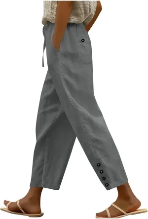 Linen Pants 2025 Women Summer Casual Wide Leg Pants Solid Color Drawstring Elastic Waist Trousers with Pockets