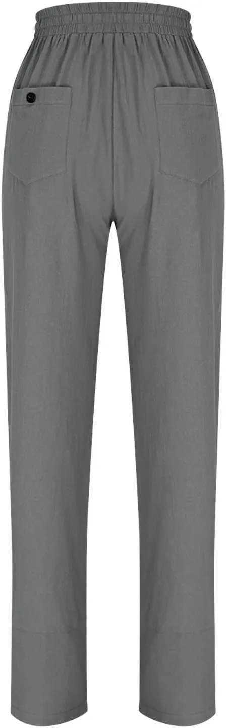 Linen Pants 2025 Women Summer Casual Wide Leg Pants Solid Color Drawstring Elastic Waist Trousers with Pockets