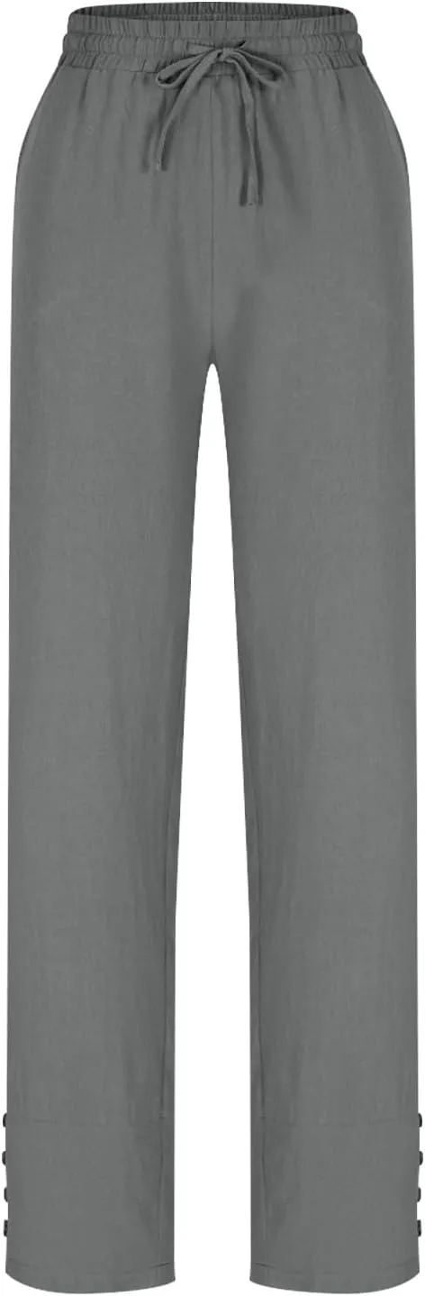 Linen Pants 2025 Women Summer Casual Wide Leg Pants Solid Color Drawstring Elastic Waist Trousers with Pockets