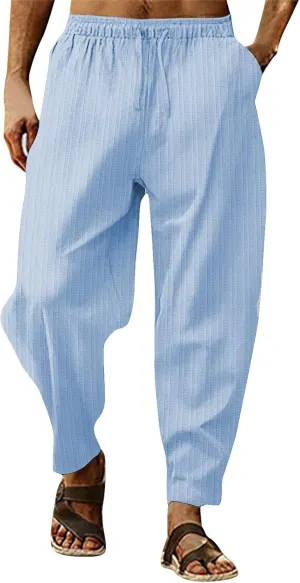 linen pants for men slim fit, elastic waist pants for men big and tall, Linen Pants for Men Loose Fit, Mens Casual Pants Summer Beach Yoga Pants Elastic Waist Straight Legs Trousers