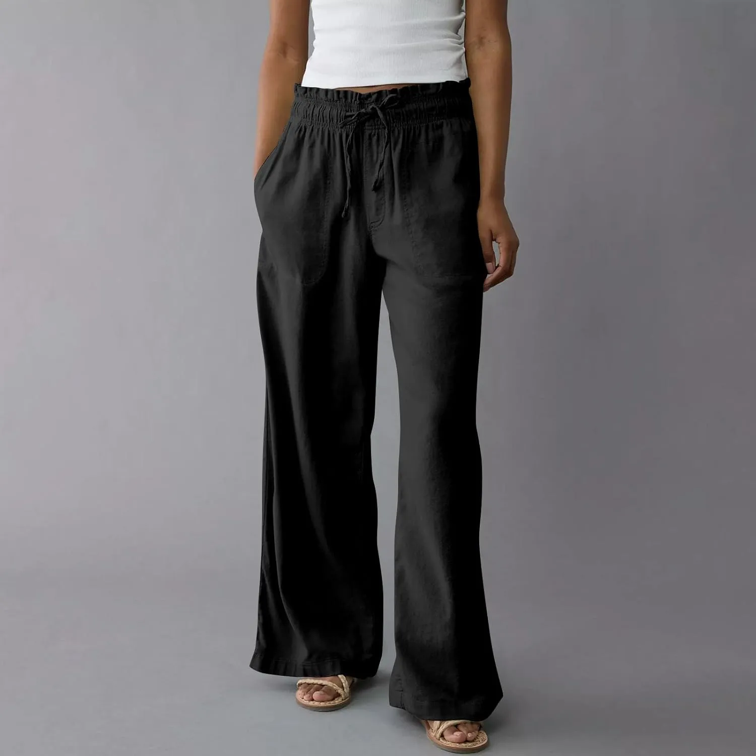 Linen Pants for Women Casual 2025 Summer Elastic Waist Drawstring Lounge Pants with Pockets High Waisted Solid Clothes