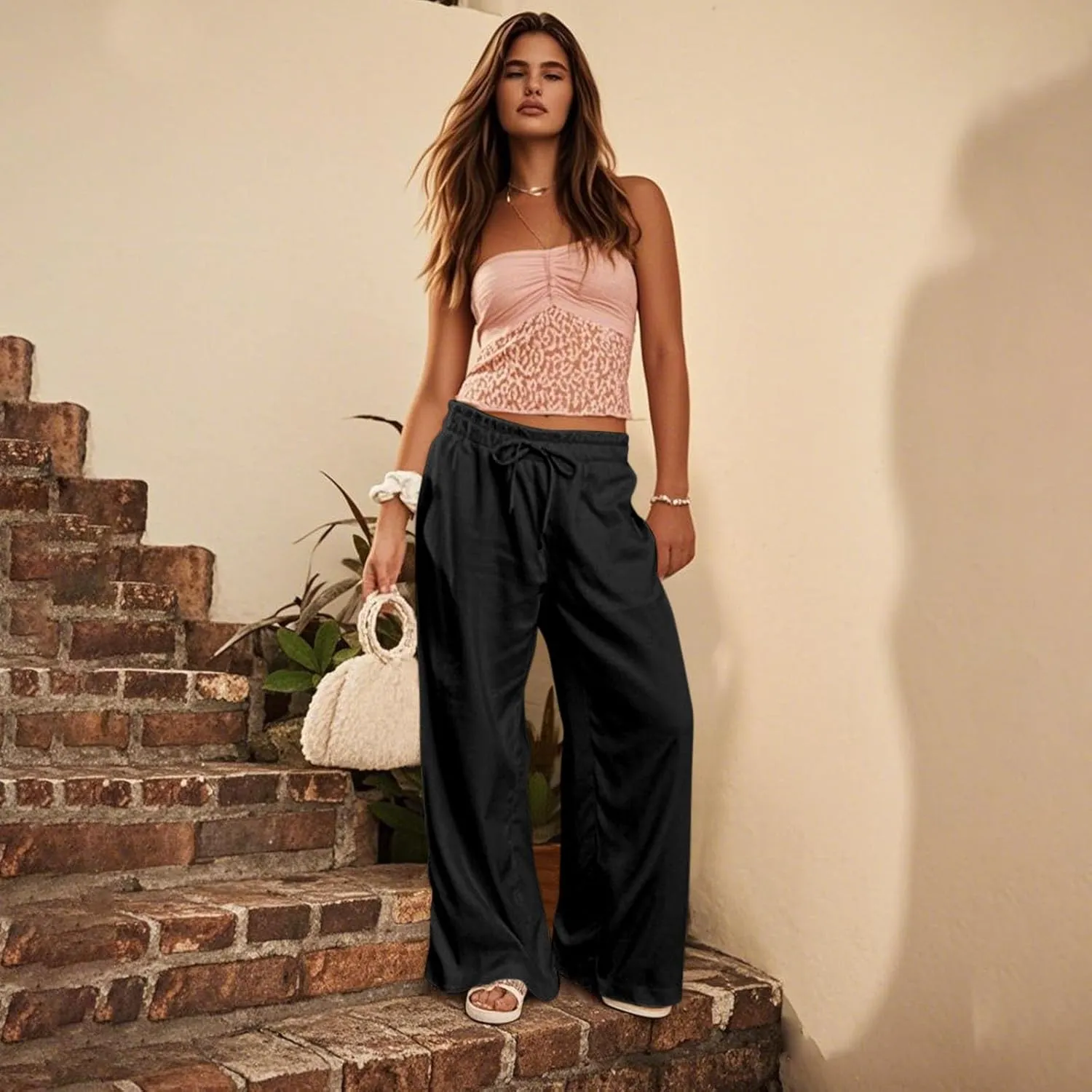 Linen Pants for Women Casual 2025 Summer Elastic Waist Drawstring Lounge Pants with Pockets High Waisted Solid Clothes