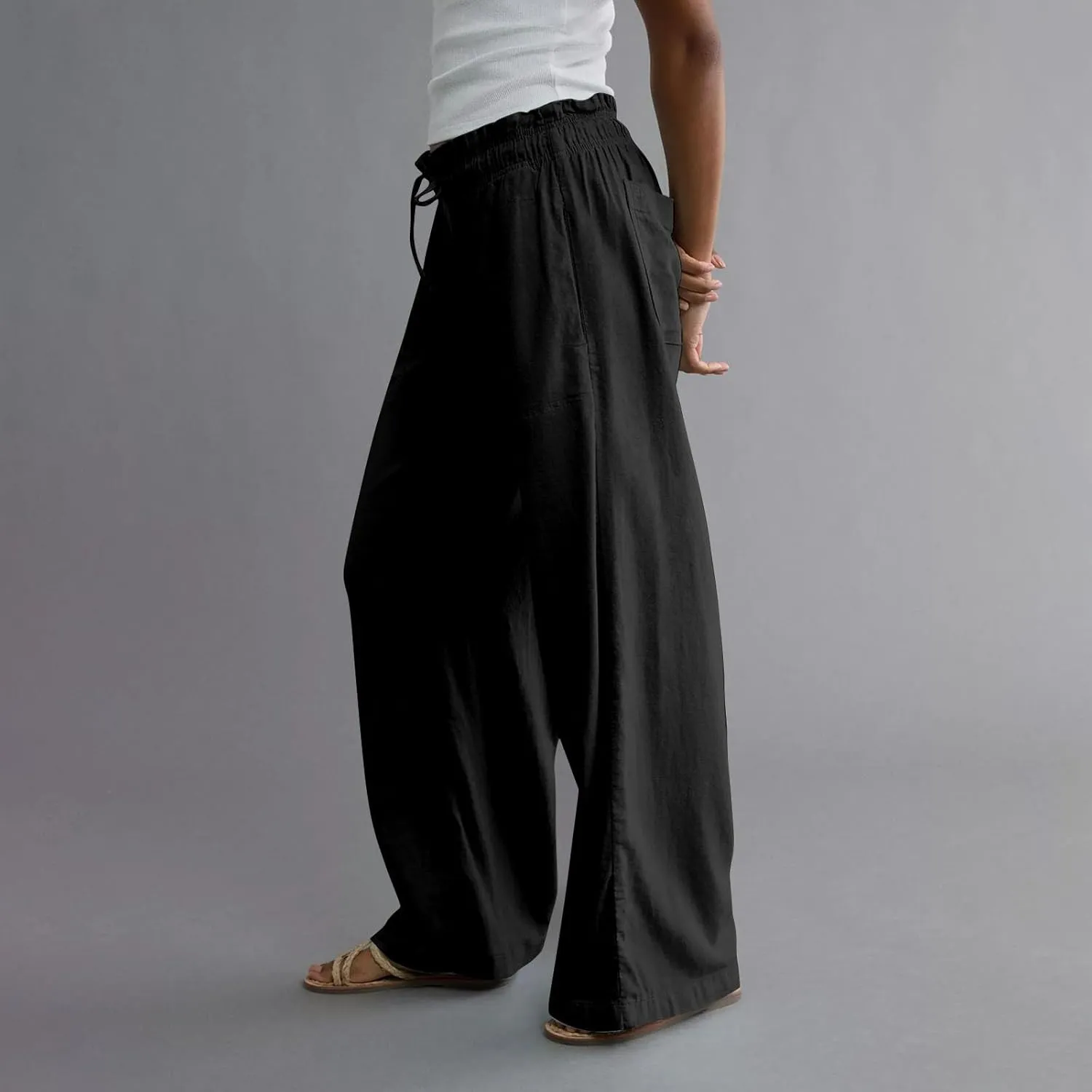 Linen Pants for Women Casual 2025 Summer Elastic Waist Drawstring Lounge Pants with Pockets High Waisted Solid Clothes