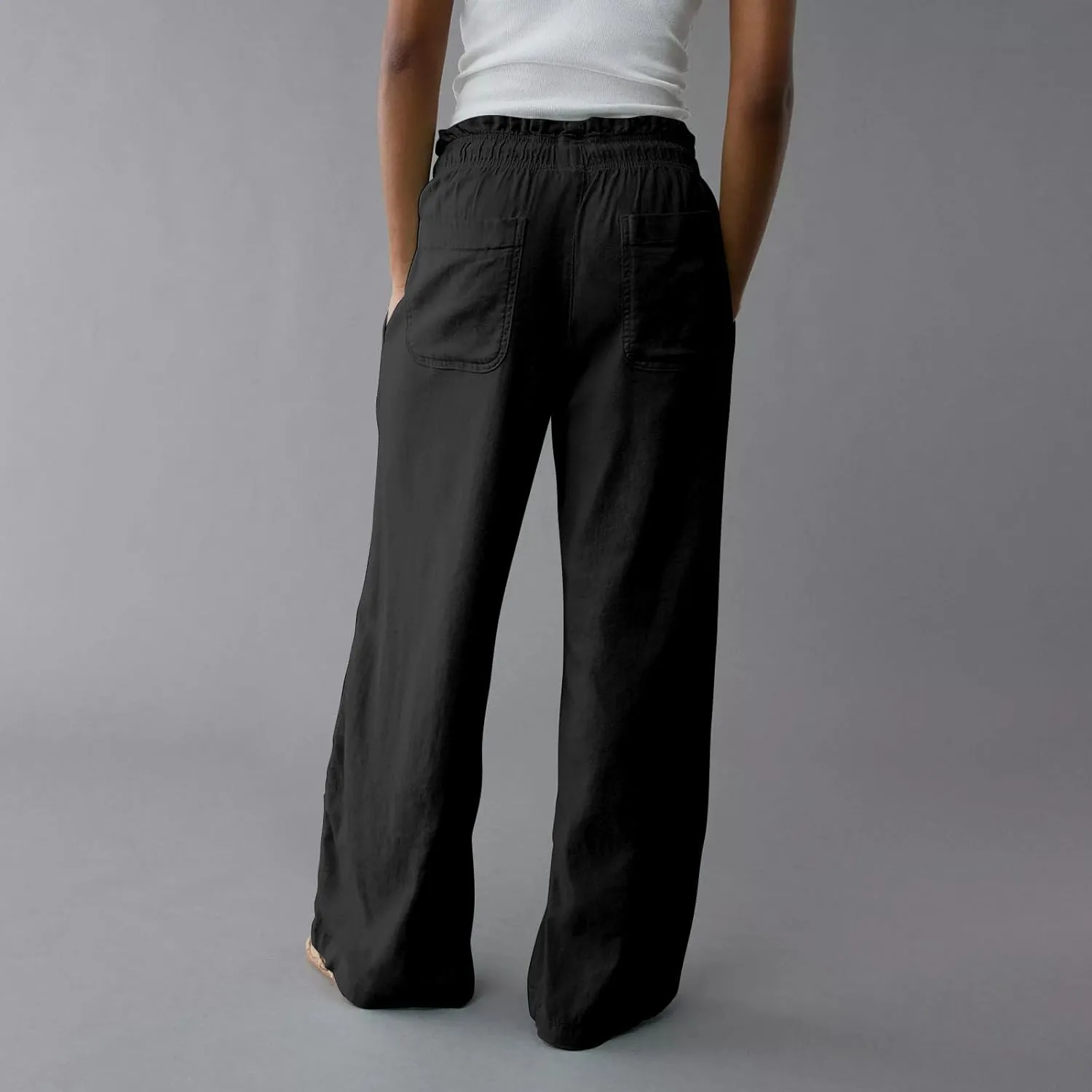 Linen Pants for Women Casual 2025 Summer Elastic Waist Drawstring Lounge Pants with Pockets High Waisted Solid Clothes