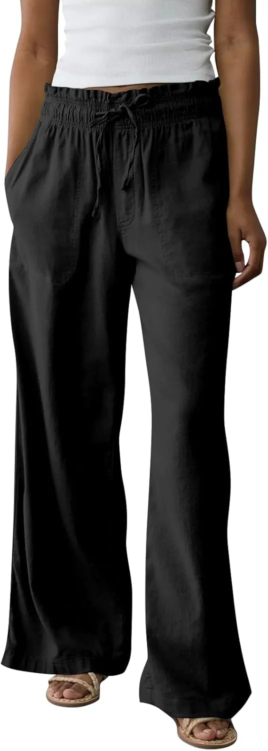 Linen Pants for Women Casual 2025 Summer Elastic Waist Drawstring Lounge Pants with Pockets High Waisted Solid Clothes