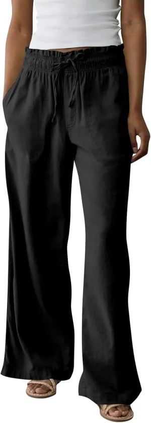 Linen Pants for Women Casual 2025 Summer Elastic Waist Drawstring Lounge Pants with Pockets High Waisted Solid Clothes