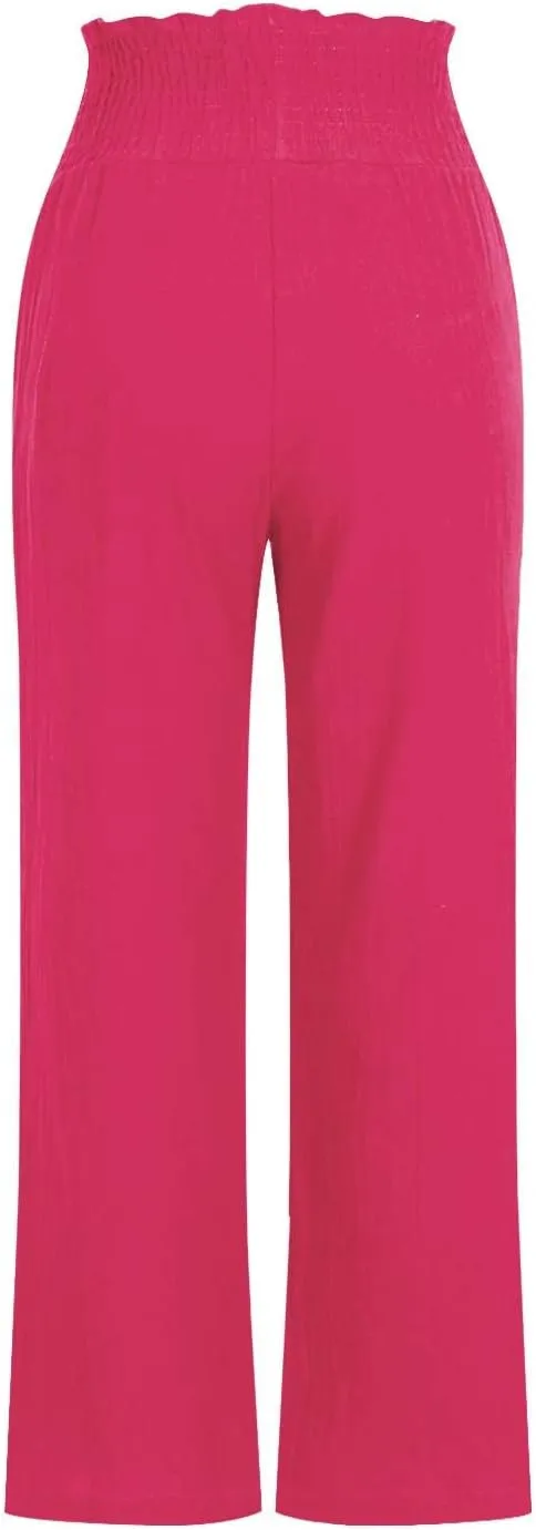 Linen Pants for Women Summer Casual Straight Leg Drawstring Trousers Elastic Waist Cropped Beach Pants with Pocket