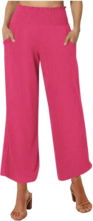 Linen Pants for Women Summer Casual Straight Leg Drawstring Trousers Elastic Waist Cropped Beach Pants with Pocket