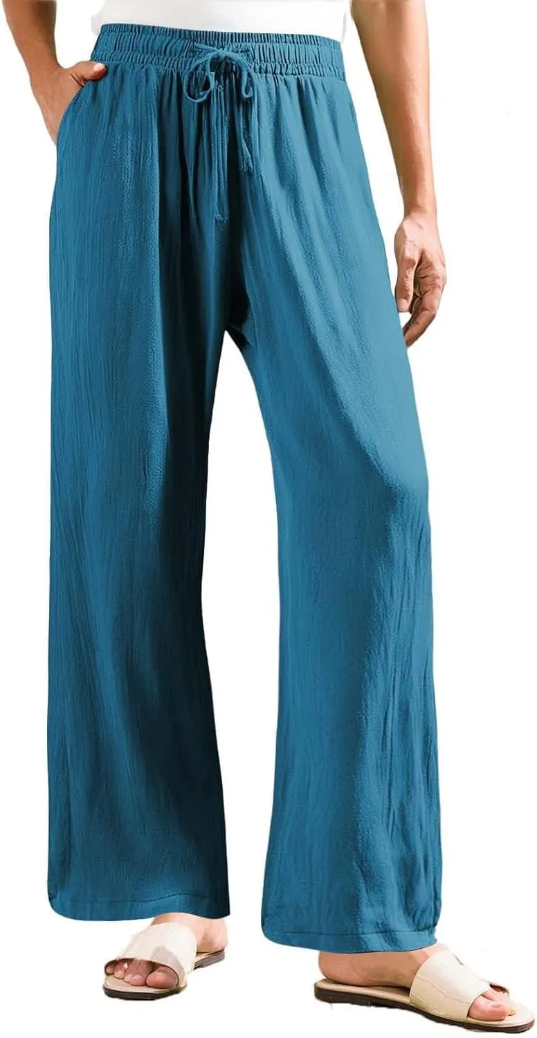 Linen Pants for Women Summer Wide Leg Palazzo Pants Drawstring Elastic Waist Loose Boho Pants Casual Beach Trousers