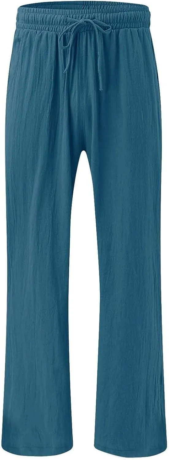 Linen Pants for Women Summer Wide Leg Palazzo Pants Drawstring Elastic Waist Loose Boho Pants Casual Beach Trousers