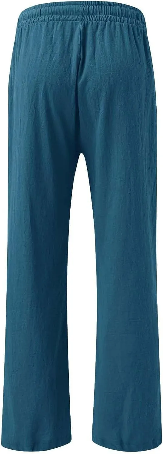Linen Pants for Women Summer Wide Leg Palazzo Pants Drawstring Elastic Waist Loose Boho Pants Casual Beach Trousers