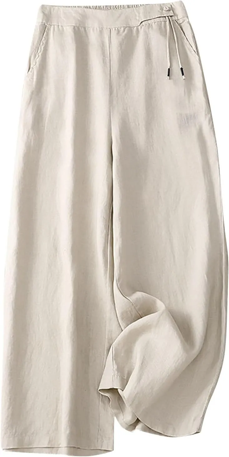 Linen Pants for Women Trendy Elastic Waist Cropped Palazzo Pants Laides Casual Summer Beach Flowy Wide Leg Trousers