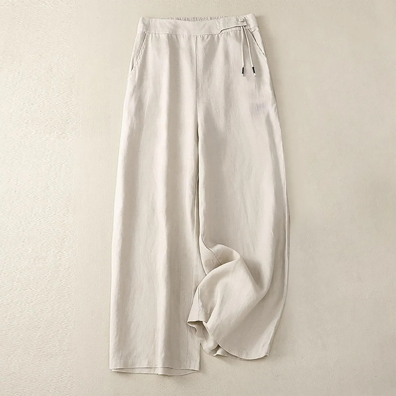 Linen Pants for Women Trendy Elastic Waist Cropped Palazzo Pants Laides Casual Summer Beach Flowy Wide Leg Trousers