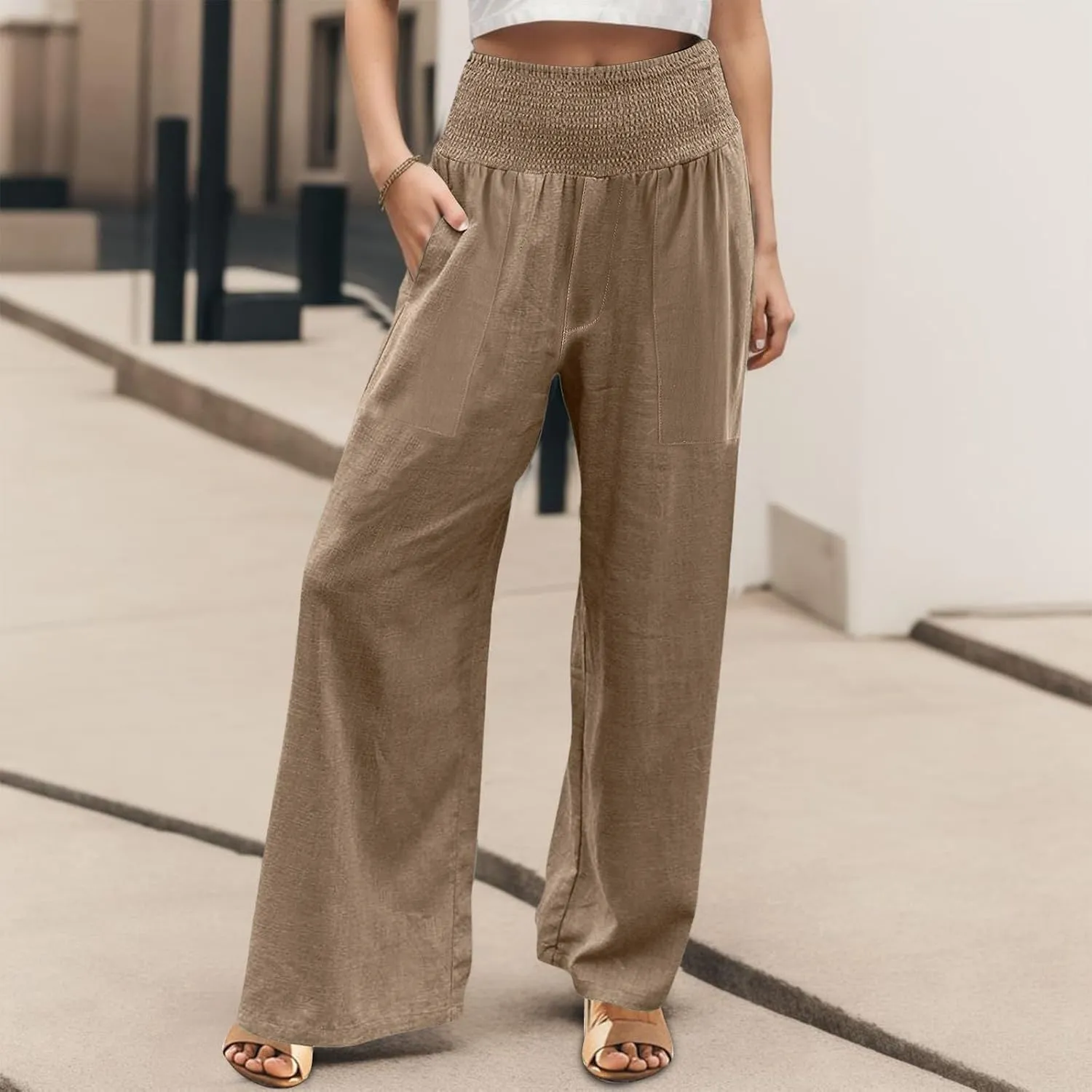 Linen Pants for Women Wide Leg Beach 2025 Summer Elastic Waist Pants High Waisted with Pockets Comfy Solid Clothes