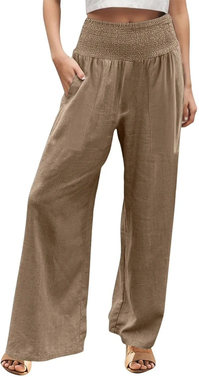 Linen Pants for Women Wide Leg Beach 2025 Summer Elastic Waist Pants High Waisted with Pockets Comfy Solid Clothes