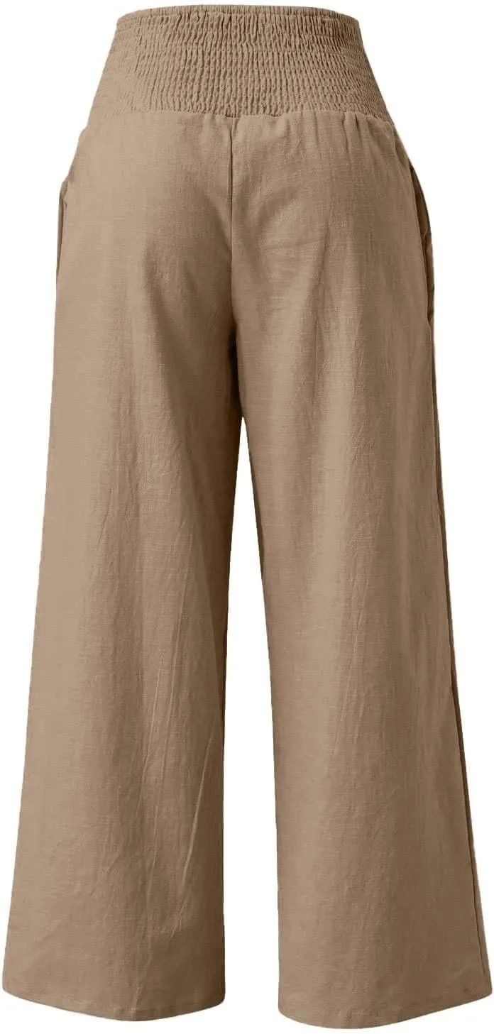 Linen Pants for Women Wide Leg Beach 2025 Summer Elastic Waist Pants High Waisted with Pockets Comfy Solid Clothes
