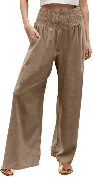 Linen Pants for Women Wide Leg Beach 2025 Summer Elastic Waist Pants High Waisted with Pockets Comfy Solid Clothes