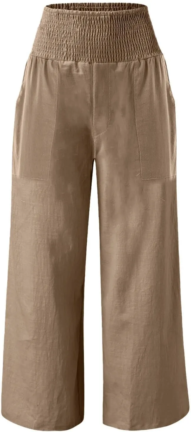 Linen Pants for Women Wide Leg Beach 2025 Summer Elastic Waist Pants High Waisted with Pockets Comfy Solid Clothes
