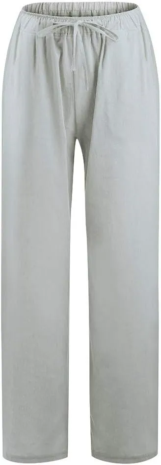 Linen Pants Women Drawstring Elastic Waist Wide Leg Trousers Summer Casual Boho Beach Palazzo Pants with Pcokets 2025