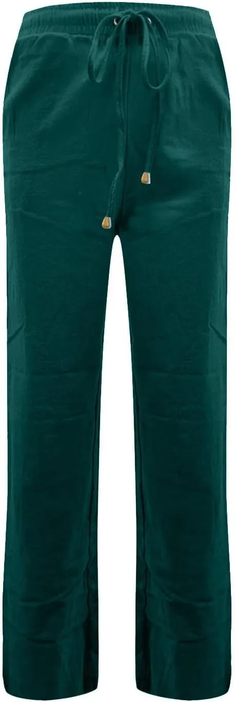 Linen Pants Women Lightweight Drawstring High Waisted Pull On Pants with Pockets Summer Boho Straight Leg Work Pants