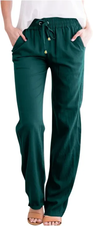 Linen Pants Women Lightweight Drawstring High Waisted Pull On Pants with Pockets Summer Boho Straight Leg Work Pants