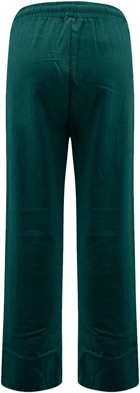 Linen Pants Women Lightweight Drawstring High Waisted Pull On Pants with Pockets Summer Boho Straight Leg Work Pants
