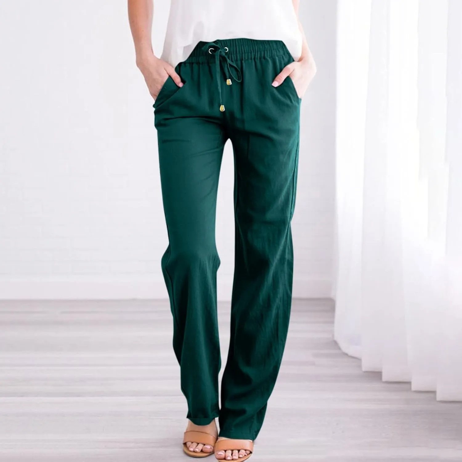Linen Pants Women Lightweight Drawstring High Waisted Pull On Pants with Pockets Summer Boho Straight Leg Work Pants