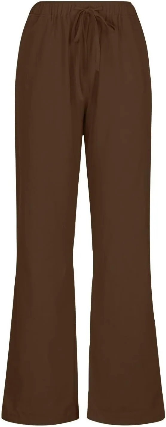 Linen Pants Women Lightweight Lounge Beach Trousers Summer Casual Elastic Drawstring Waist Palazzo with Pockets