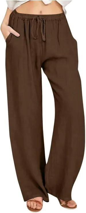 Linen Pants Women Lightweight Lounge Beach Trousers Summer Casual Elastic Drawstring Waist Palazzo with Pockets