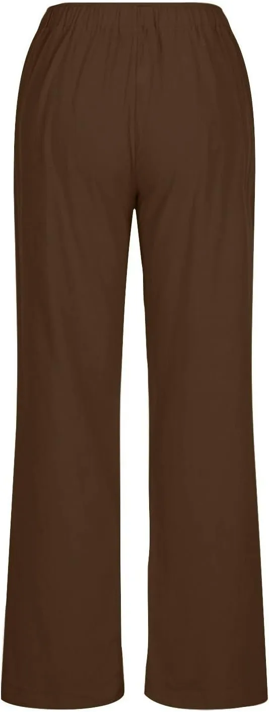 Linen Pants Women Lightweight Lounge Beach Trousers Summer Casual Elastic Drawstring Waist Palazzo with Pockets