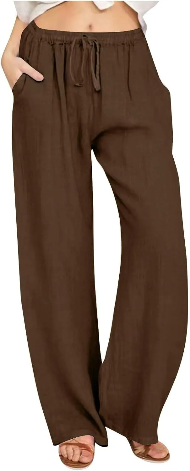 Linen Pants Women Lightweight Lounge Beach Trousers Summer Casual Elastic Drawstring Waist Palazzo with Pockets
